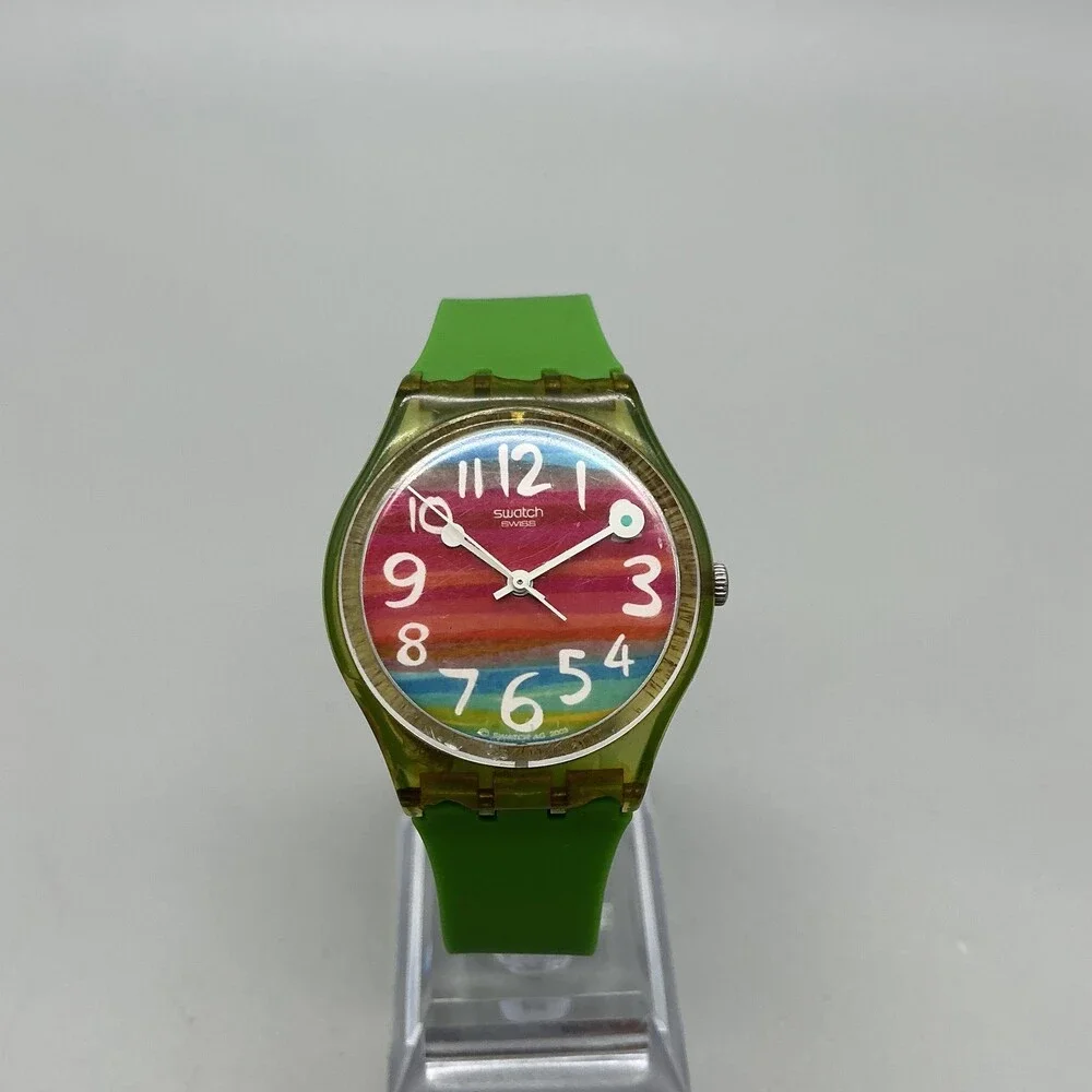 Swatch Color the Sky Mens Watch 34mm Rainbow Dial Green Strap New Battery